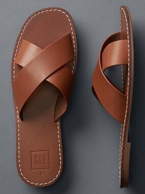 GAP Cross Strap Leather Slide Sandals in Cognac